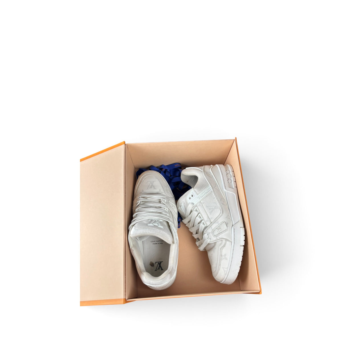 LOUIS VUITTON ALL WHITE LV TRAINER SNEAKERS